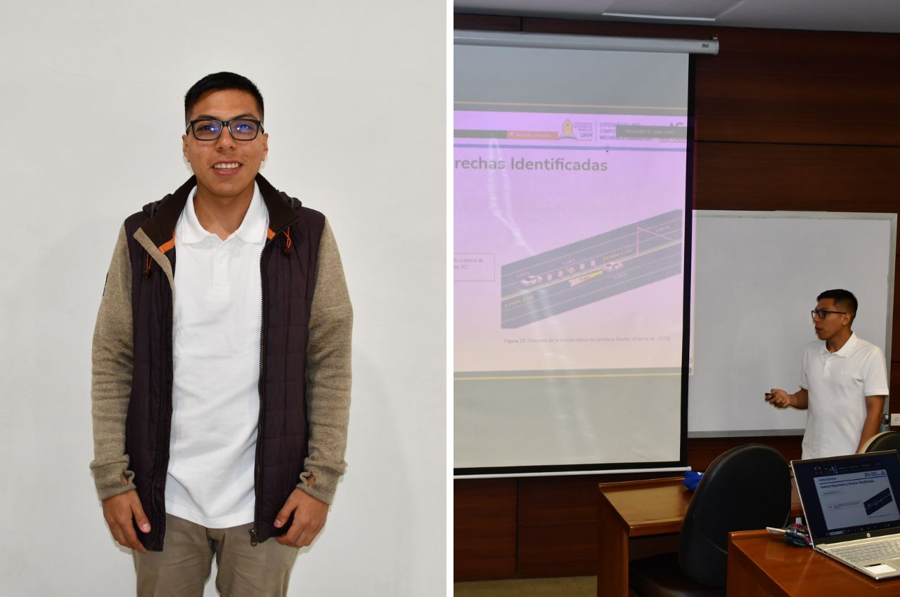 Estudiante UAM sustentando su sistema de energía eólica 