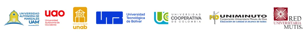 logos de las universidades que hacen parte de Red Mutis: UAM, UAO, UNAB, Tecnológica de Bolívar, Universidad cooperativa de colombia, uniminuto
