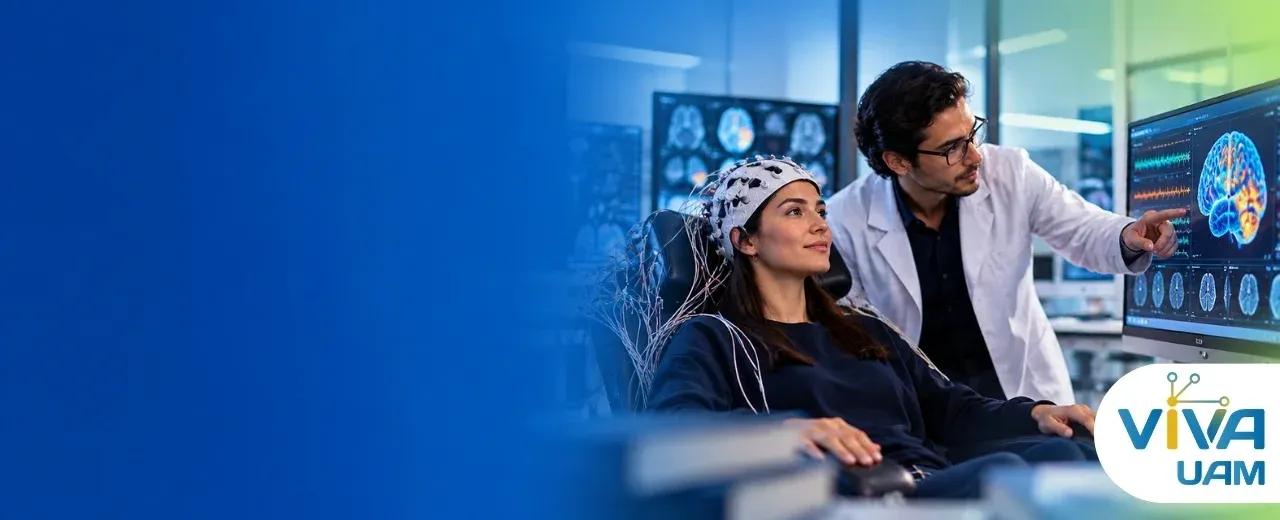 Mujer sentada con nodos en la cabeza al lado se encuentra un medico señalando una pantalla conde muestra su cerebro y las ondas que emite