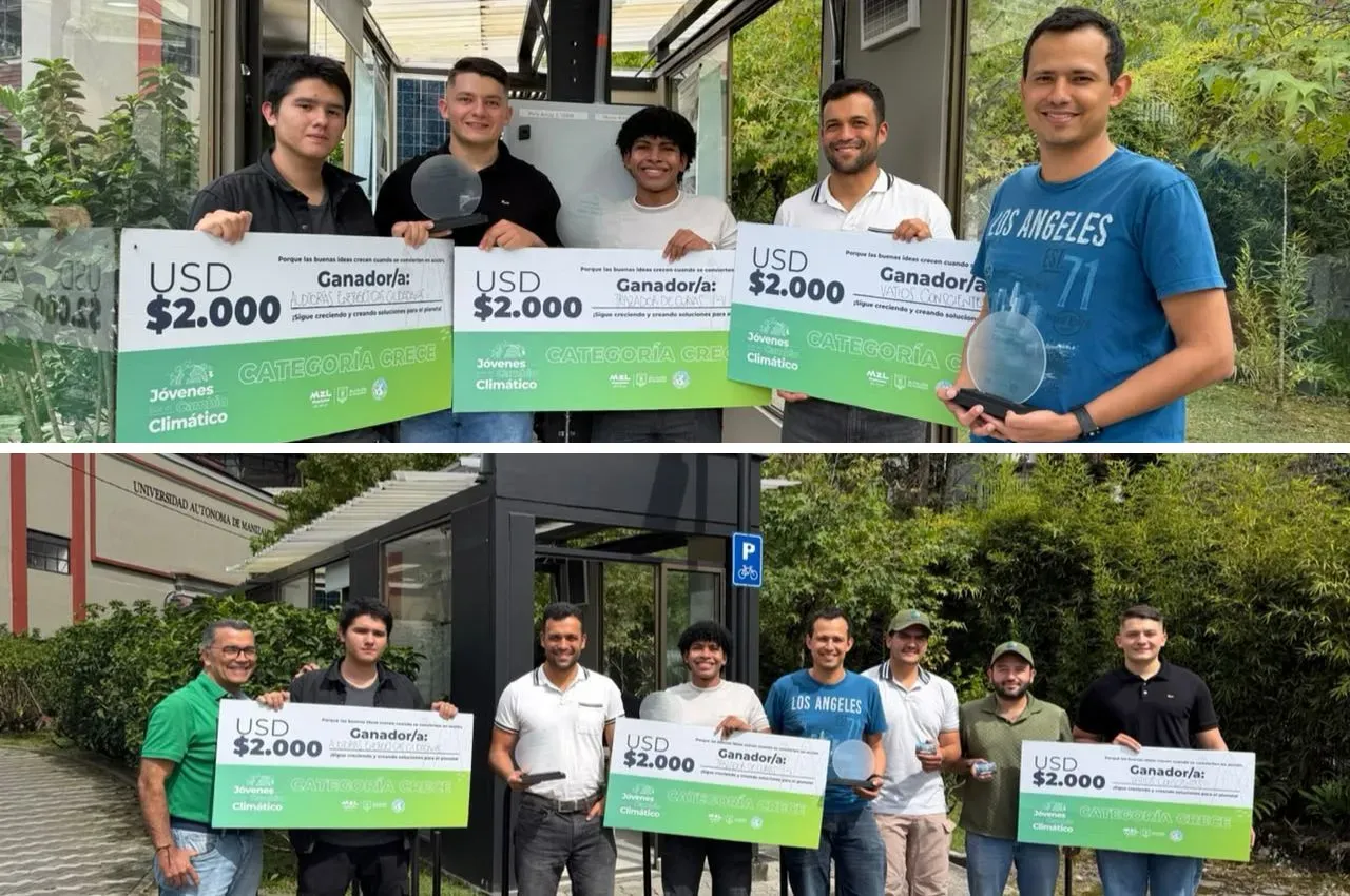 Mosaico de fotos donde se ven los estudiantes y docentes que conforman el semillero de energias renovables con el premio de ganadores
