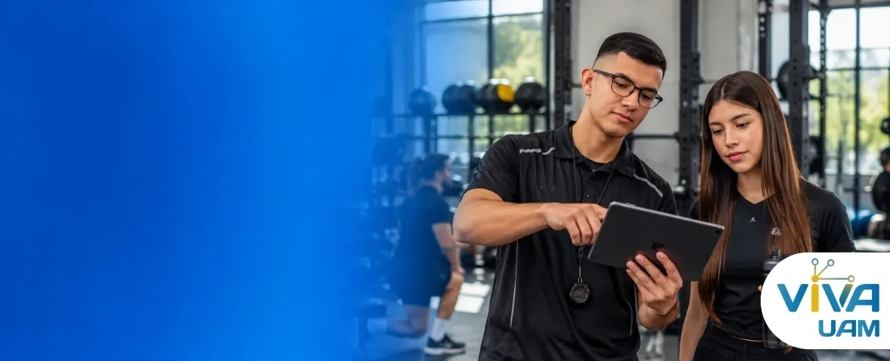 Pareja en gimnasio revisando datos en una tablet 
