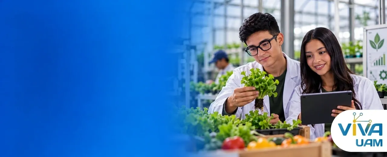 pareja de estudiantes en huerta hidropónica revisando cultivo
