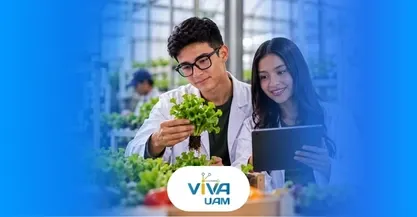 pareja de estudiantes en huerta hidropónica revisando cultivo